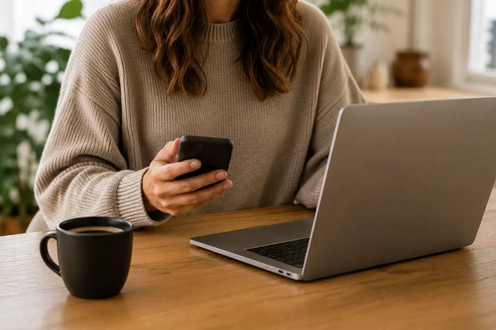 Person arbeitet im Homeoffice und nutzt gleichzeitig Smartphone und Laptop am Schreibtisch.