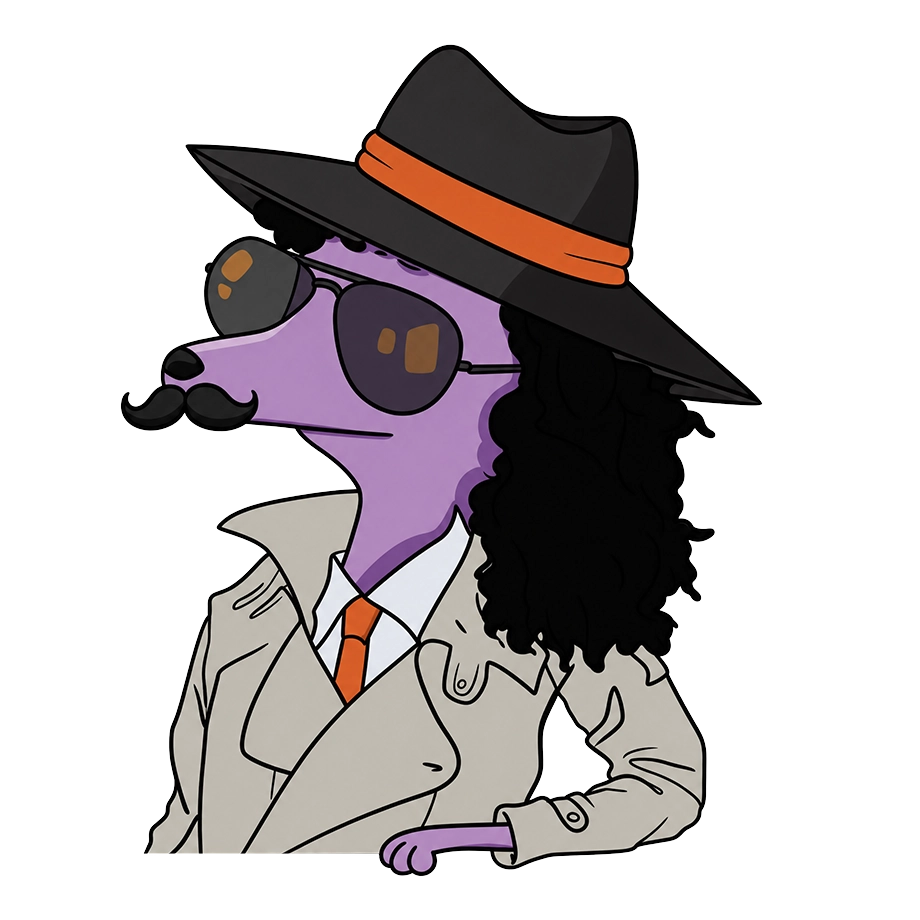 Illustration des lila Hundes Dog mit Sonnenbrille, Schnurrbart, schwarzem Hut mit orangefarbenem Band und Trenchcoat.