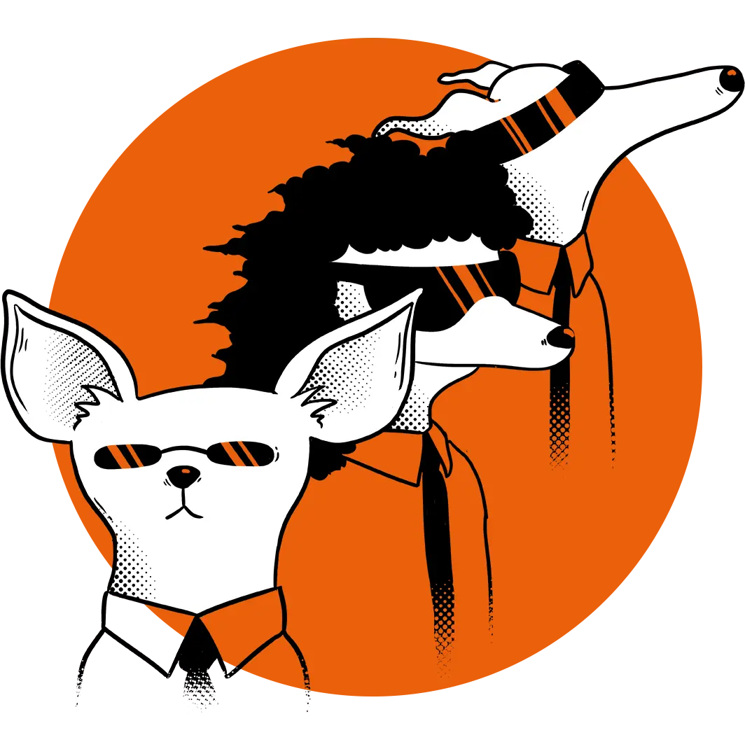 Illustration von drei stilisierten Hunden mit Sonnenbrillen und Krawatten, die Bahnhof repräsentieren.