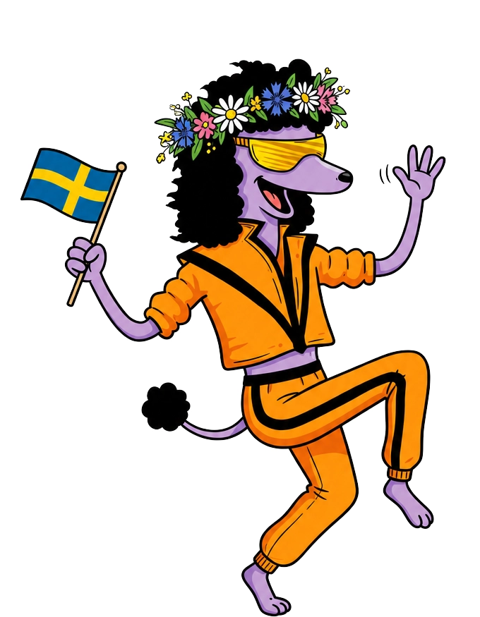 Der gezeichnete Hund Dog mit Blumenkranz, Sonnenbrille und orangefarbenem Trainingsanzug tanzt mit einer schwedischen Flagge in der Hand.